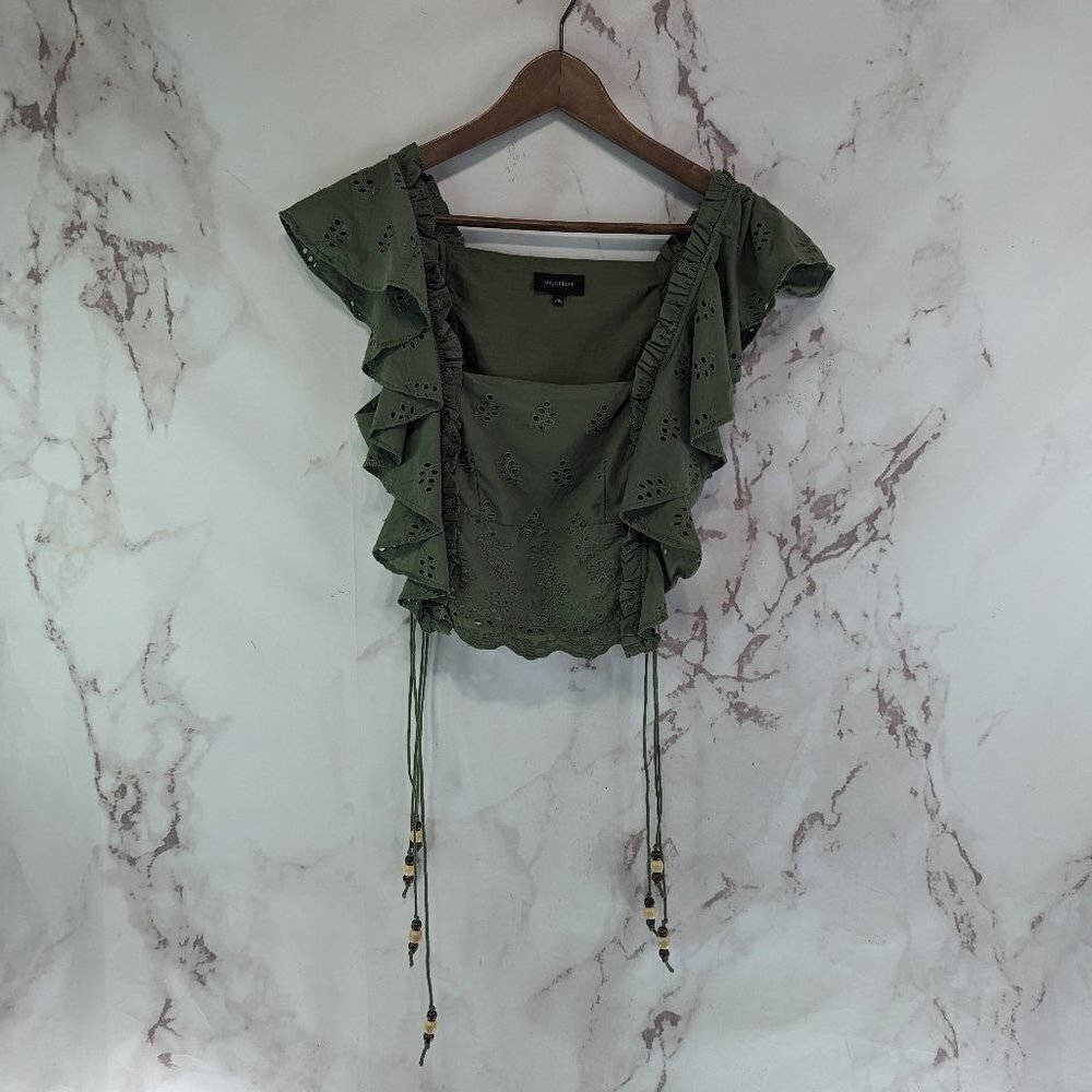Majorelle Top Womens XS Green Square Neck Short Sleeve Crochet Crop Beaded